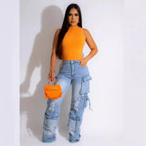 Fongt Hot Women's New Retro Casual Hole-Breaking Workwear Wide-Legged Multi-Bag