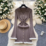 Fongt Luxury Famous Knitted Dress Woman Autumn Wooden Ear Over The Collar To Slim Beautiful Sister Mid-Long Dress