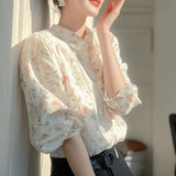 Fongt 2025 New Light Luxury High-End White Printed Shirt Super Good-Looking Beautiful French Long-Sleeved Top