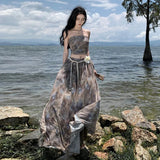 Fongt Senior Sense Two-Piece Tie-Dye Wipe Chest Vest Top Women's New Summer High-Waist A-Line Skirt Suit-Outfit