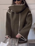 2024 autumn Fashion Women's Coats New Scarf Collar Loose Single Breasted Tassel Spliced Pockets Jackets Female TH5259-Outfit
