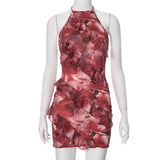 Fongt Women's Summer New Color Print Sleeveless Hanging Neck Tie Rope Big Bare Back Sexy
