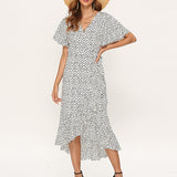 Fongt 2024 Hot Sexy V Collar Irregular High Waist With Chiffon Print Dress Spot-Outfit