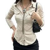 Fongt Waste Wind Single Buckle Shirt Women Retro Waist Thin Set New Double Pocket Sleeve Top