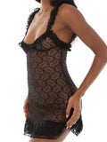 Women Sexy Sleeveless Strap Mini Dress 2023 Low Cut Lace Mesh See Through Backless Ruffles Slim Fit Dress Summer Club-Outfit