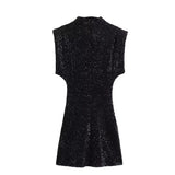 Fongt New With Cushioned Shoulder Squins Embellion Slimming Mini Dress
