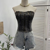 Fongt Shooting Retro Do Old Zipper Niche Vest Rivet Water Wash Denim Braid Short Open Shirt Wrapped Brae 8901