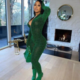 Mesh Sheer Glitter Bodycon Jumpsuits Women Long Sleeve Front Zipper Rompers Female Overalls One Piece Jumpsuit Club Outfits-Outfit