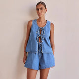 Fongt Summer Fashion Casual Sleeveless With High-Rise Women's Vests Denim Set Shorts