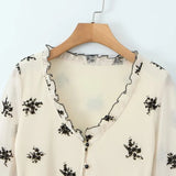 Fongt Homemade New Women's Classic Smashed Flower V-Necked Leaf Sided Nets Open Shirt