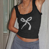Girls Sexy Lace U-Collar Bow Printed Shoulder Strap Vest 2024 Tight And Thin Inner Halter Top-Outfit
