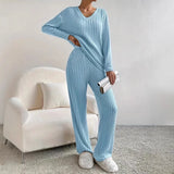 Fongt Sets Of Women 2025 Autumn New Fashion Casual Straight Pants Temperament Loose V Collar Pit Knitting Sleeve