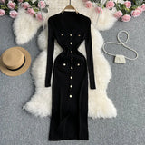 Fongt Button Long Sleeve Dress Autumn And Winter New V Collar Fashion Slim Slit Wrapped Hip Step Skirt-Outfit