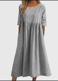 Fongt Cotton-Sleeved Short-Sleeved Pocket Folded Loose Round-Neck Dress In Summer