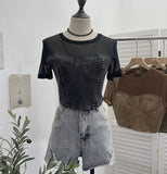 Fongt Summer Denim Splicing Mesh Yarn Short-Sleeved T-Shirt Design Fake Two Hot Girl Short Top 26231