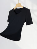 Fongt Grade Simple Classic High Gram Heavy Threaded Shoulder T-Shirt White V-Neck Short Sleeved Jacket Temperament Inside Match-Outfit