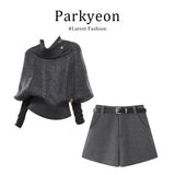 Fongt Old Money Style High-Neck Knitted Cloak Sweater With Gray Shorts Autumn Two Sets