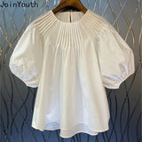 Fongt Blouse for Women 2023 Blusas Mujer De Moda O-neck Puff Sleeve Loose Folds Summer Shirts Korean Temperament Tops Female 1215-0-Outfit