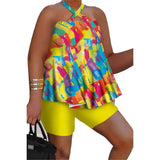 Summer New Hanging Neck Off Shoulder Top and Shorts Two Piece Women's Loose Color Print Street Style Casual Set-Outfit