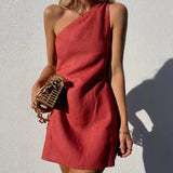 and Fashionable Summer Sexy One-shoulder Asymmetric Diagonal Collar Cotton and Linen Casual Loose Comfortable Mini