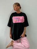 Fongt Letter Print Bumper T-Shirt Foundation Buffet Short Sleeves Front Shoulder Thin Long Round Collar Top
