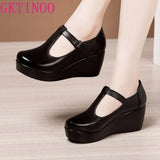 Plus Size 32-43 T Strap Leather Wedges Shoes for Women 2021 High Heels Shoes Ladies Platform Shoes Mother Dance