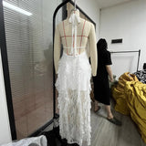 Fongt Sleeveless Slings With Lot Leaves Side-Off Long Dress Hot Net Yarn Splicing Holiday Dress