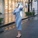 Fongt Folds 2025 New High-Grade Solid-Colored Round Collar Folded Dress Loose Fashion Comfortable Casual Dress