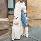 Women's Faux Fur Warm Coat Lapel Casual Loose Long Sleeve Hem Tassel Plush Overcoat 2023 Winter New Tide-Outfit