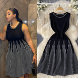 Fongt Sleeveless Round-Necked Striped Knitted Dress Women's Summer Waist Design Small Fairy Mid-Long Dress