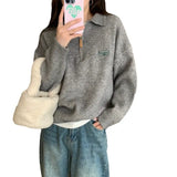 Fongt Polo Collar Half Zipper Design Jumsweater Top Women's Loose Jacket Embroidered Letters Thick Sweater-Outfit