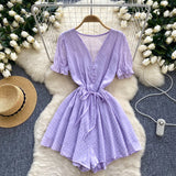 Fongt Women's Seaside Beach Pants Summer Dress New V-Neck Bubble Sleeves With Broad Legs Shorts