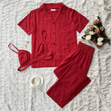 Fongt Female Spring And Summer Short-Sleeved Cardigan Home Clothing Three Sets Outside Wear-Outfit