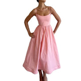 Fongt Women's New 2025 Spring Dress Solid Color Sexy U-Neck Waist Folding Sling Dress