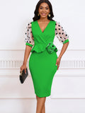 Fongt Summer New Mesh Velvet Bubble Sleeve V Neck Fashion Elegant Bag Of Hip Dress