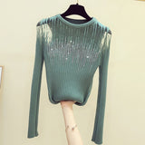 Diamonds Thin Knitted Sweater Female Hollow Out Sweaters Women 2023 Autumn Sexy Tops Bright Wire Pullover Woman