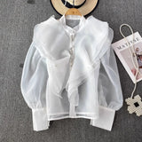 Fongt Court Style Super Fairy Collar Layer Lotus Edge Eugen Yarn Perspective Single Buckle Shirt Female Gas Top