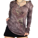 Women Vintage T-shirts y2k Clothes 2023 Harajuku Crop Top T-shirt Graphic Gothic Grunge Long Sleeve Top Fall Winter