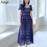 Han Queen Summer New Sexy Hollow Out Long Dresses Women's A-Line Slim Evening Party Dress Korean Simple Elegant Lace