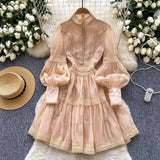 Fongt Court Lantern Sleeve Dress Girl Spring Hook Flower Embroidery Design Famous Light Luxury Royal Sister Temperament Dress