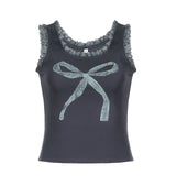 Girls Sexy Lace U-Collar Bow Printed Shoulder Strap Vest 2024 Tight And Thin Inner Halter Top-Outfit