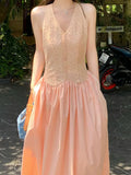 Fongt Island Pink Niche Gentle And Comfortable Thin Hanging Neck Dress Women Lace Splicing French Long Skirt