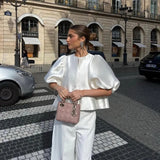 Fongt Spring / Summer 2024 Fashion Satin Bubble Sleeve Short Jacket Loose White Shirt-Outfit