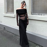 Fongt Autumn And Winter Women's Fashion Word Shoulder Long Sleeves Bare Waist Mesh Splicing Bag Of Hip Dress