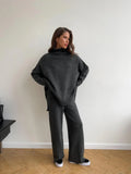 Fongt High-Neck Open Fork Wool Sweater Set Women's Loose Casual Lazy Knitting Trousers Two-Piece