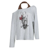 Fongt Greek Print Fake Two Collar Bump Color Loose Long-Sleeved T-Shirt Sexy Side-Shoulder Hop Casual Blouse
