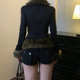 Fongt Autumn New Street Style Y2K Retro Wool Collar Splicing Leather Buckle Waist Jacket Casual Top