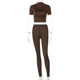 Solid Women Two Piece Set Short Sleeve Gym Top Crops Leggings Skinny Sporty Tracksuit 2021 Spring Summer Outfit