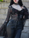 Dark Skull Graphic Emo Mall Gothic Sexy Bodysuits Women Flare Sleeve Mesh See Through Tops Grunge Aesthetic Bandage