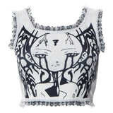 Dark Emo Printed Mall Gothic Lace Trim Tank Tops Grunge Punk Aesthetic White Bodycon Cropped Tops Harajuku Cute Alt